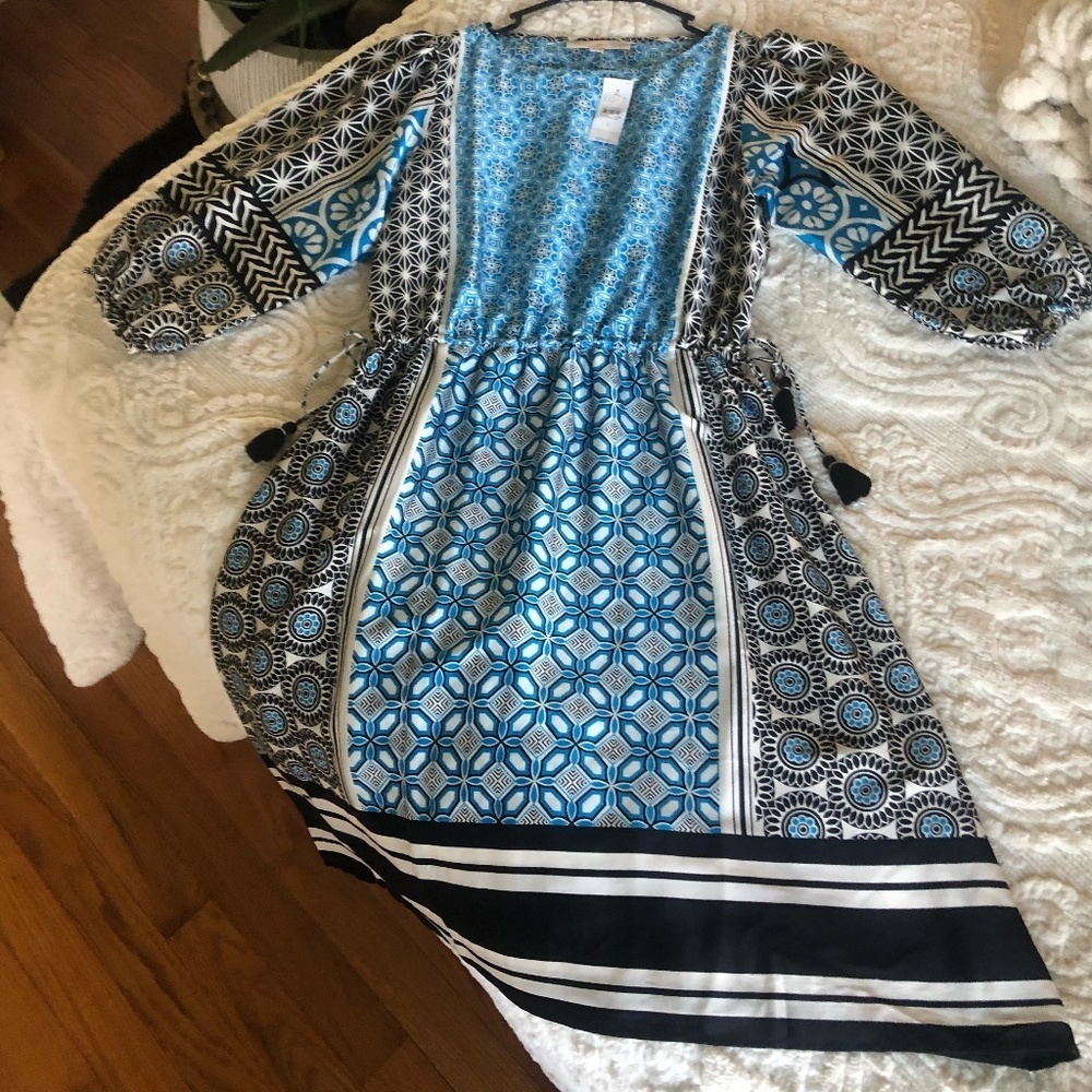 LOFT BLUE & BLACK 3/4 SLEEVE DRESS NWT SIZE SMALL